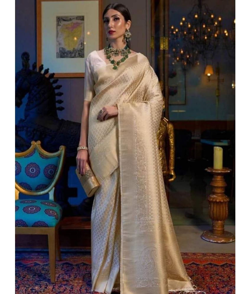     			A TO Z CART Jacquard Embellished Saree With Blouse Piece - Off White ( Pack of 1 )