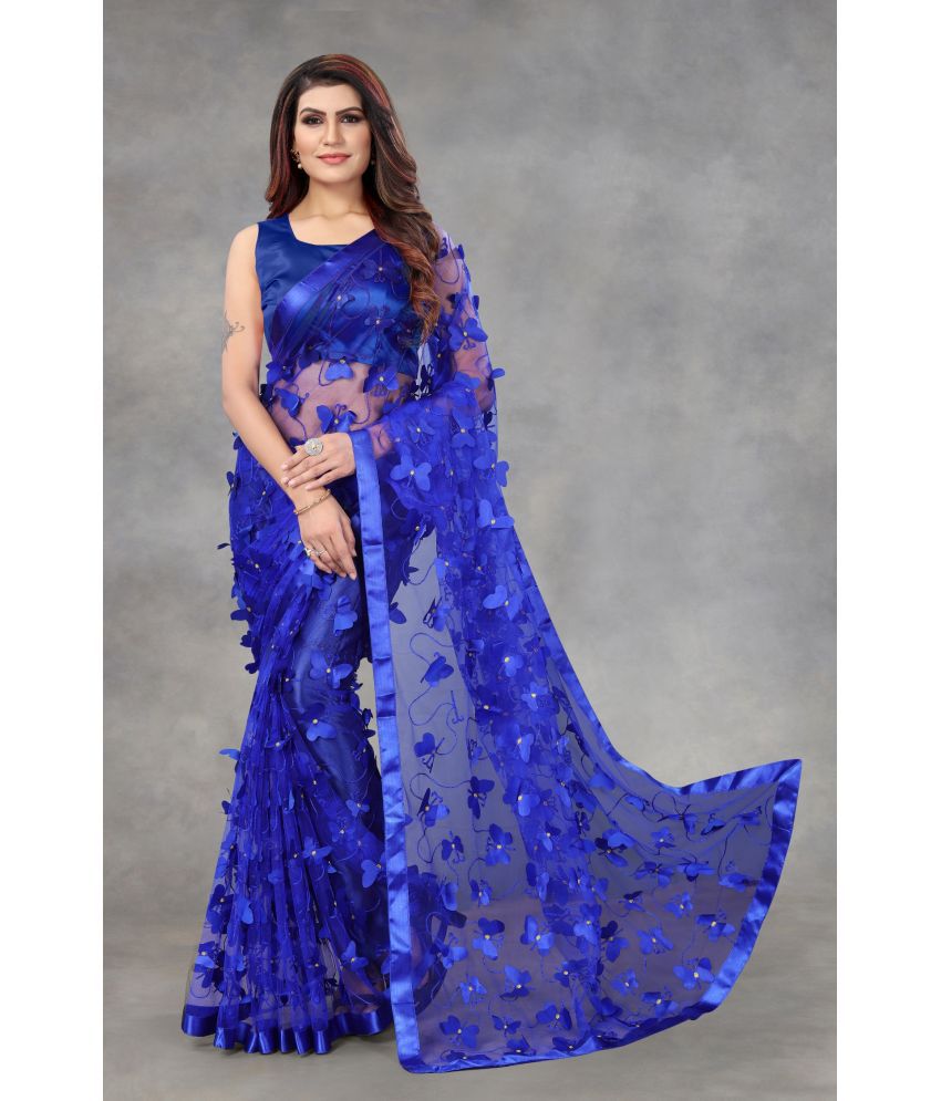     			A TO Z CART Net Embellished Saree With Blouse Piece - Blue ( Pack of 1 )