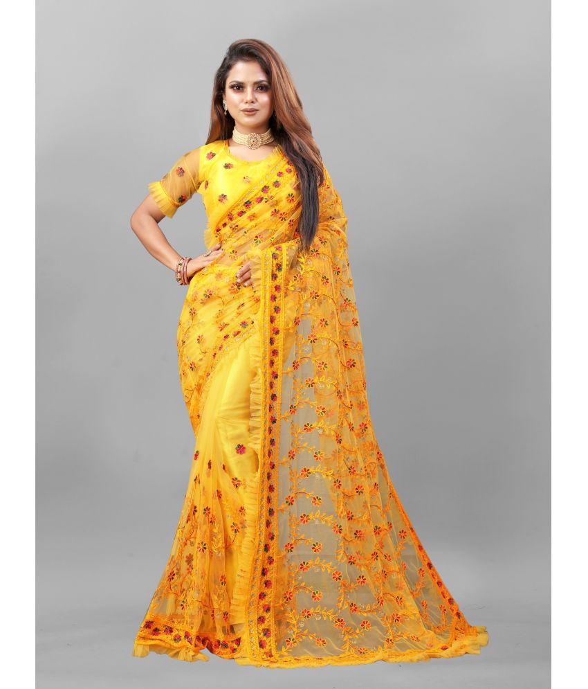     			A TO Z CART Net Embellished Saree With Blouse Piece - Yellow ( Pack of 1 )