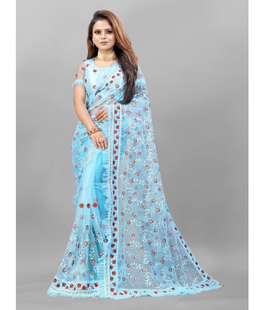     			A TO Z CART Net Embellished Saree With Blouse Piece - SkyBlue ( Pack of 1 )