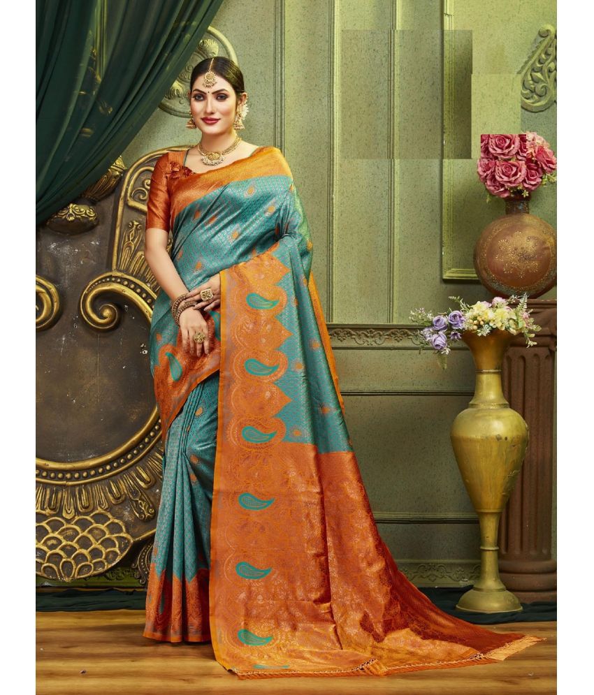     			A TO Z CART Silk Blend Embellished Saree With Blouse Piece - Orange ( Pack of 1 )