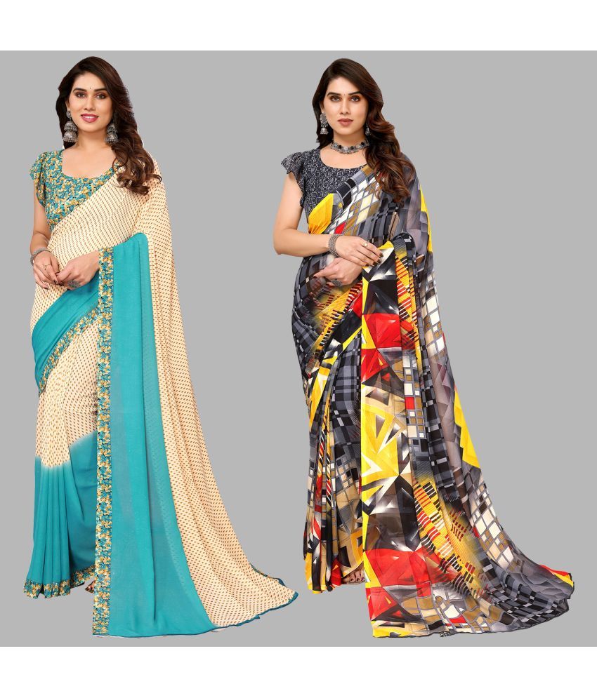     			Kashvi Sarees Georgette Printed Saree With Blouse Piece - Multicolor ( Pack of 2 )