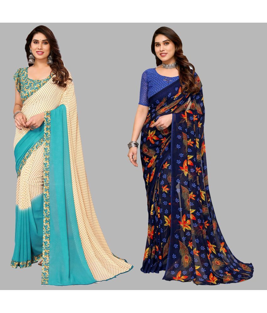     			Kashvi Sarees Georgette Printed Saree With Blouse Piece - Multicolor ( Pack of 2 )