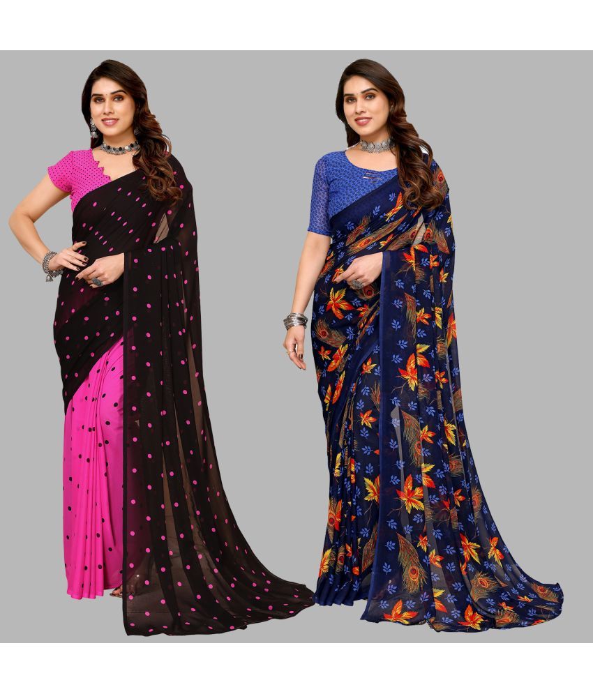     			Kashvi Sarees Georgette Printed Saree With Blouse Piece - Multicolor ( Pack of 2 )