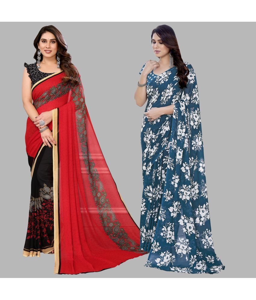     			Kashvi Sarees Georgette Printed Saree With Blouse Piece - Multicolor ( Pack of 2 )