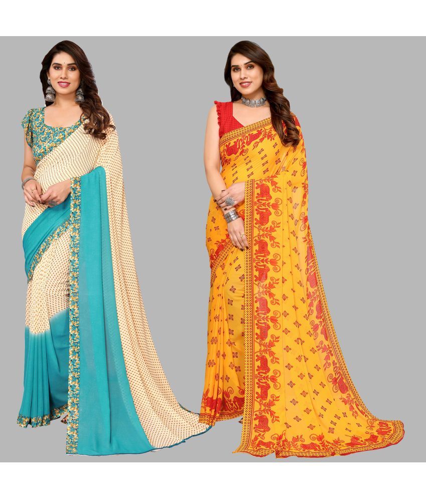     			Kashvi Sarees Georgette Printed Saree With Blouse Piece - Multicolor ( Pack of 2 )