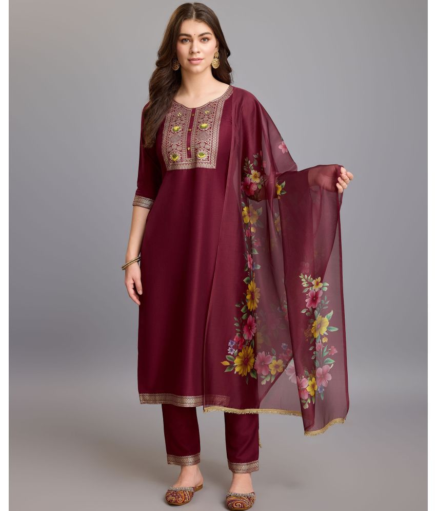     			MOJILAA Silk Embroidered Kurti With Pants Women's Stitched Salwar Suit - Maroon ( Pack of 1 )