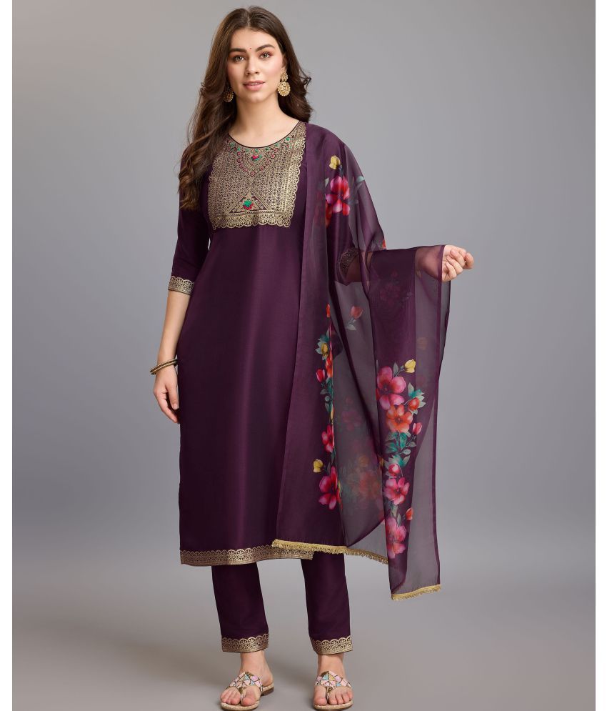     			MOJILAA Silk Embroidered Kurti With Pants Women's Stitched Salwar Suit - Burgundy ( Pack of 1 )