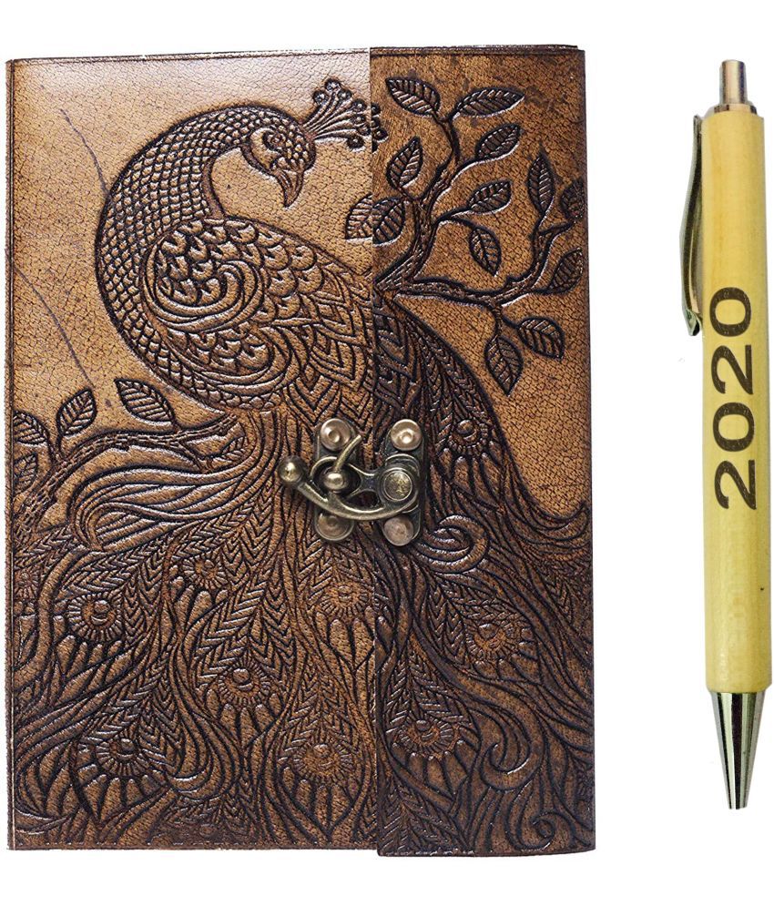     			Rjkart Leather Handmade Antique Lock Diary With New year 2020 Pen A5 Diary unruled 200 Pages (Brown, Pack of 2) - 120 GSM