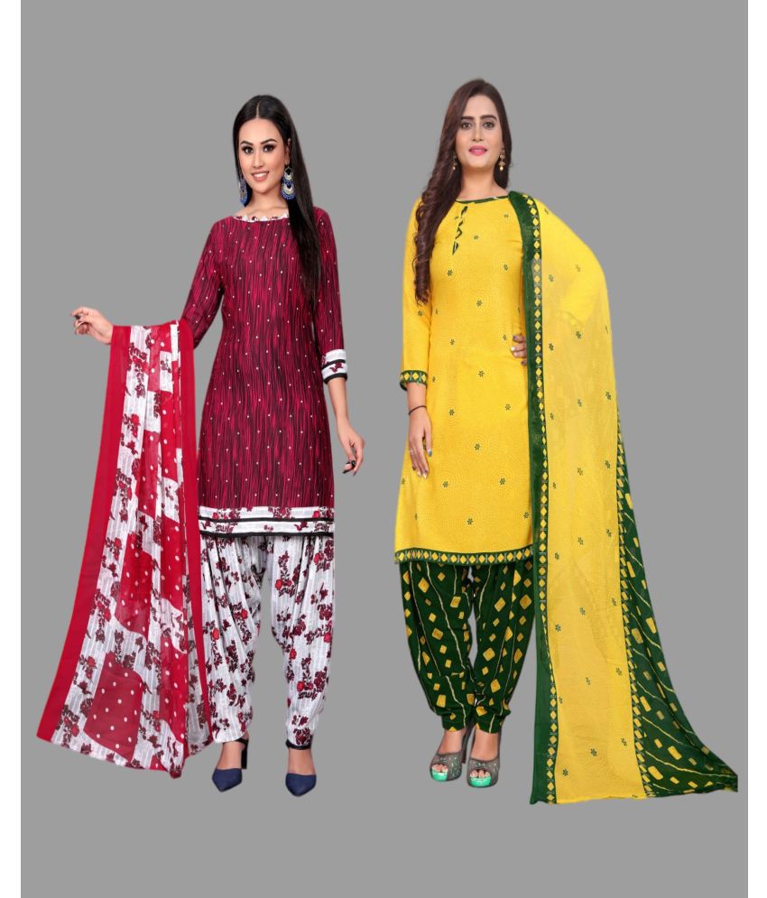     			WOW ETHNIC Unstitched Crepe Printed Dress Material - Yellow,Red ( Pack of 2 )
