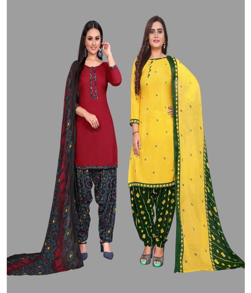     			WOW ETHNIC Unstitched Crepe Printed Dress Material - Yellow,Maroon ( Pack of 2 )