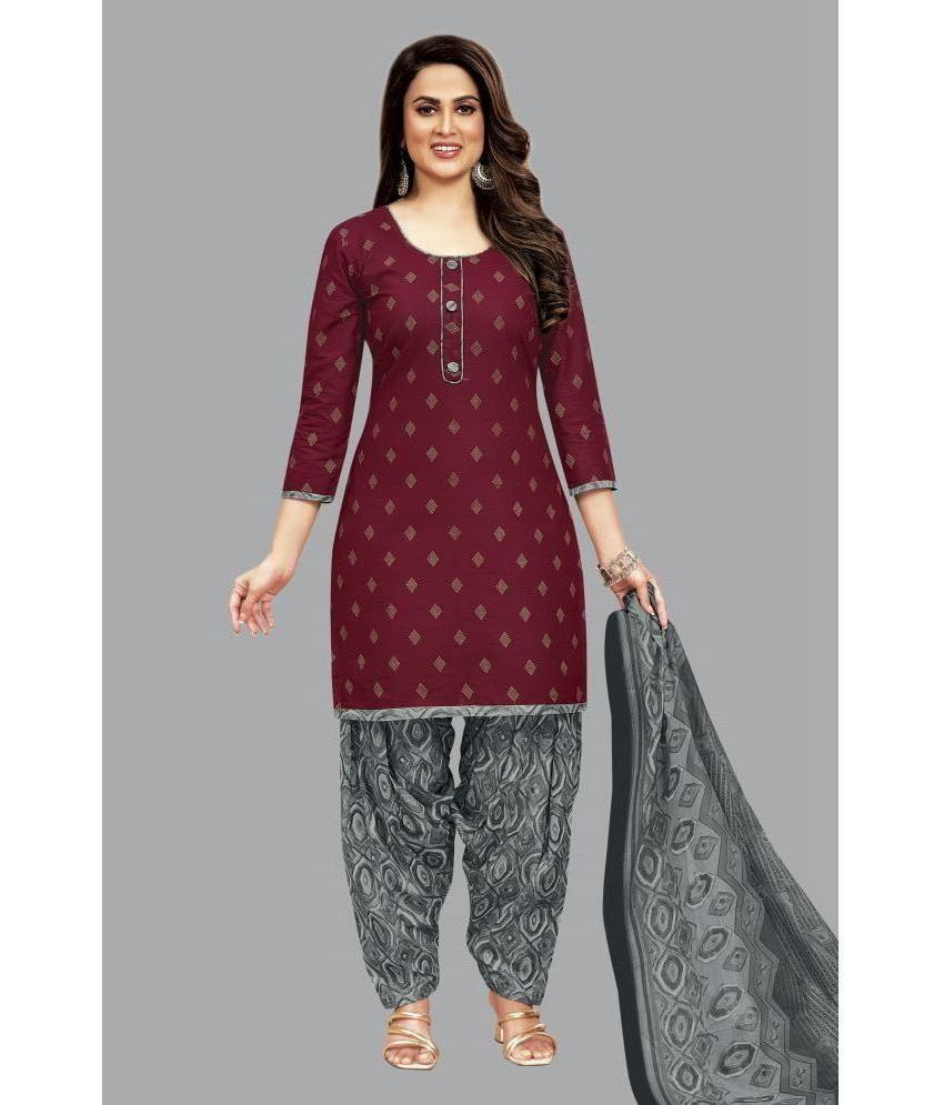     			shree jeenmata collection Cotton Printed Kurti With Patiala Women's Stitched Salwar Suit - Maroon ( Pack of 1 )