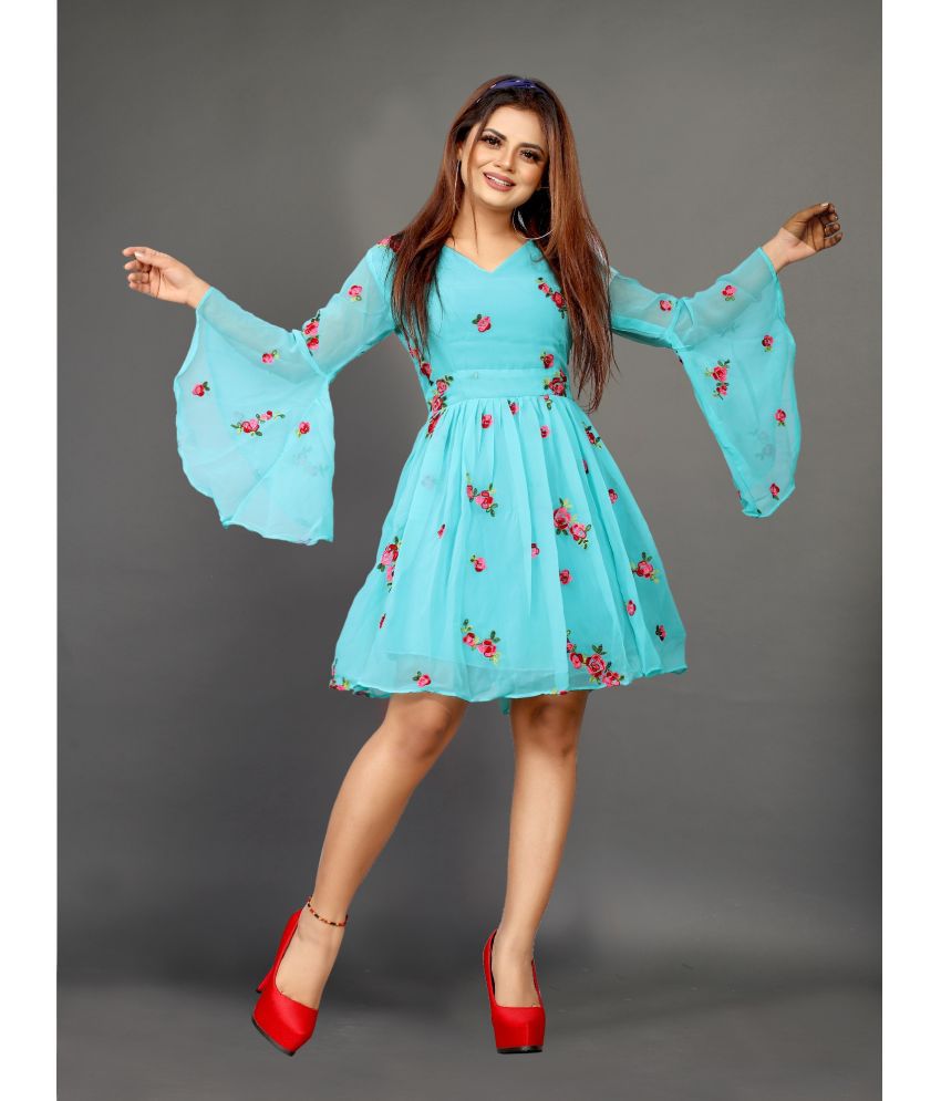     			A TO Z CART Georgette Embroidered Mini Women's Fit & Flare Dress - Turquoise ( Pack of 1 )
