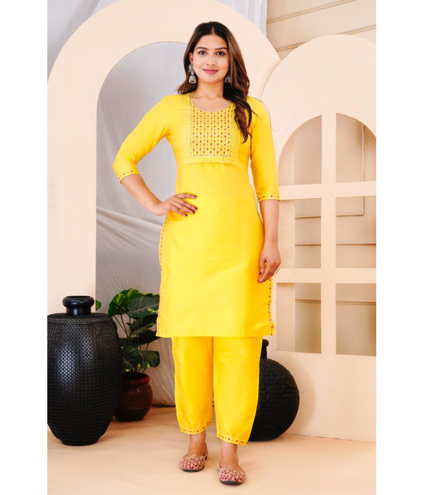     			EXPORTHOUSE Silk Embellished Kurti With Pants Women's Stitched Salwar Suit - Yellow ( Pack of 1 )