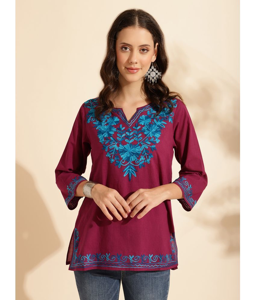     			Queenley Cotton Embroidered A-line Women's Kurti - Maroon ( Pack of 1 )