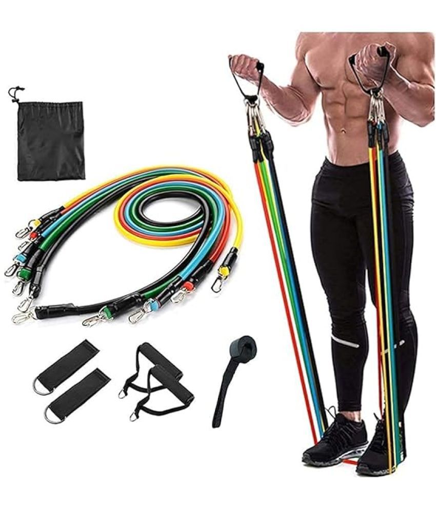     			Resistance Bands 11 Pcs Set, Stretching and Exercise, Toning Tube kit with Door Anchor, Foam Handles, Leg Ankle Strap and Carry Bag and Box Packaging for Men and Women Workout at Home and Gym, Pack of 1