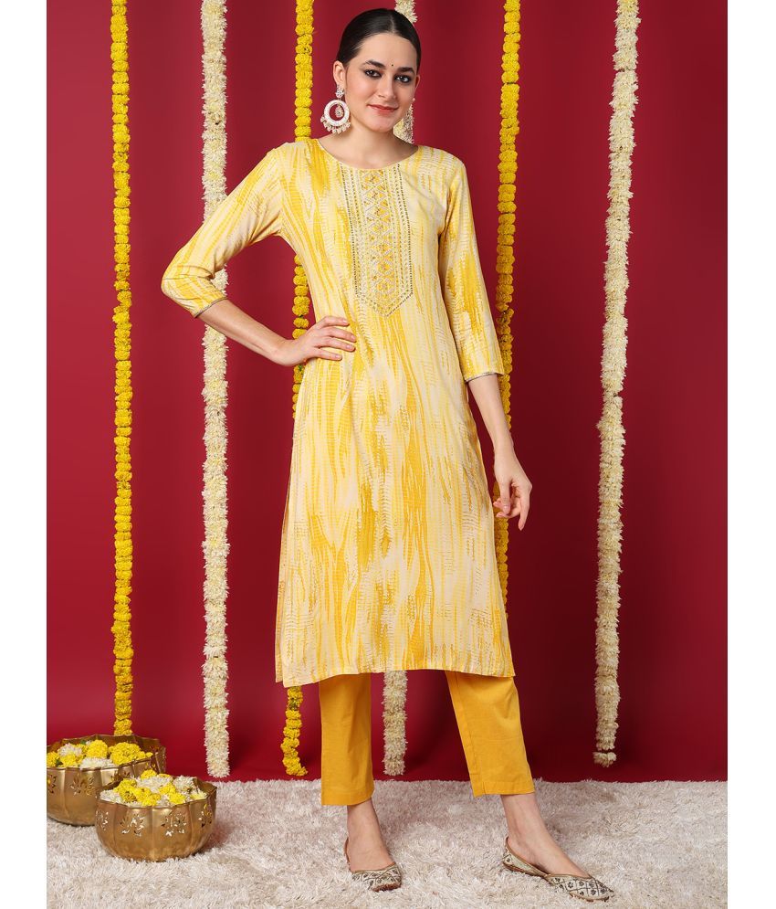     			Vaamsi Cotton Blend Printed Straight Women's Kurti - Yellow ( Pack of 1 )