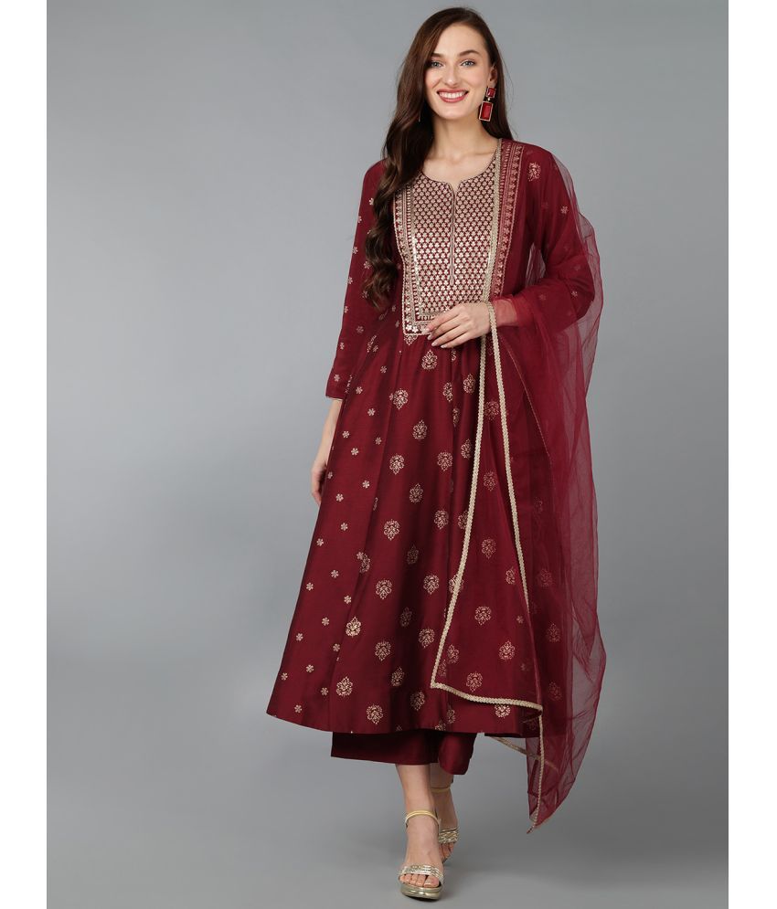     			Vaamsi Silk Blend Embellished Kurti With Palazzo Women's Stitched Salwar Suit - Maroon ( Pack of 1 )