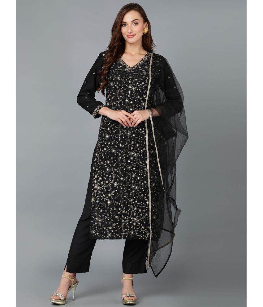     			Vaamsi Silk Blend Embellished Kurti With Pants Women's Stitched Salwar Suit - Black ( Pack of 1 )