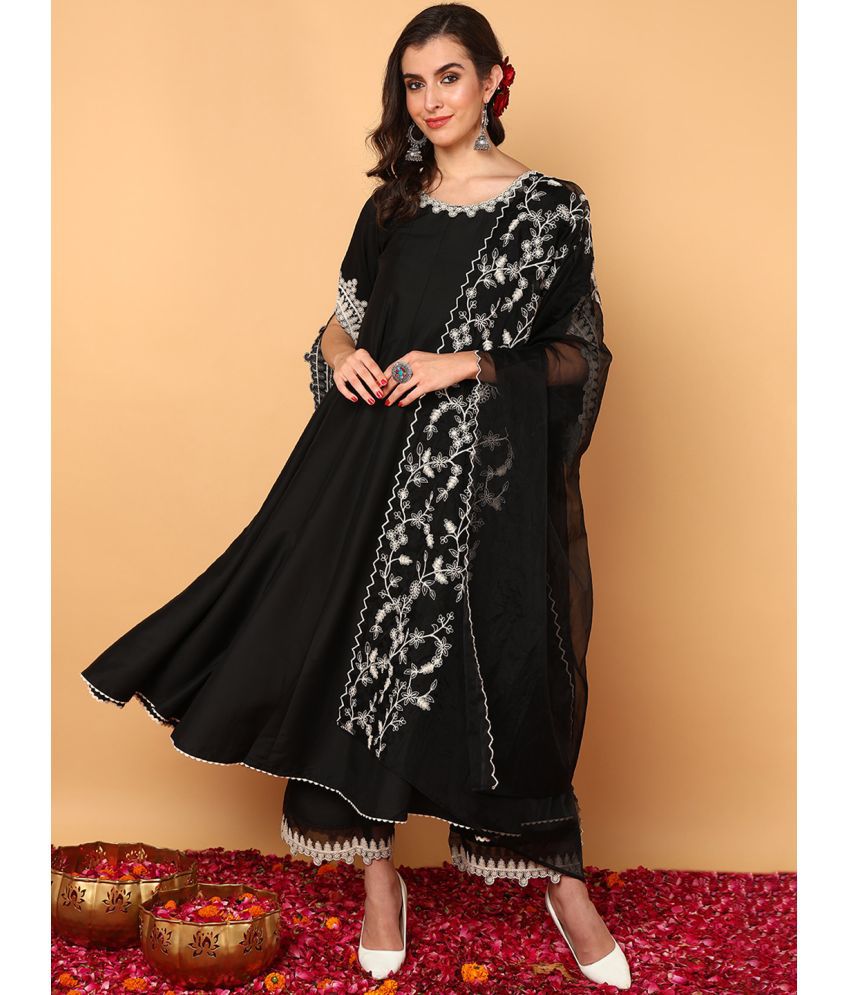     			Vaamsi Silk Blend Embroidered Kurti With Palazzo Women's Stitched Salwar Suit - Black ( Pack of 1 )