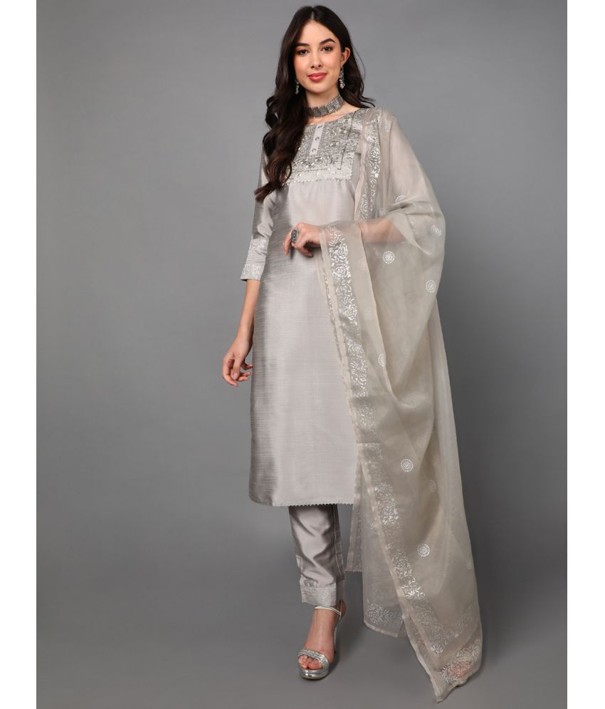     			Vaamsi Silk Blend Embroidered Kurti With Pants Women's Stitched Salwar Suit - Light Grey ( Pack of 1 )