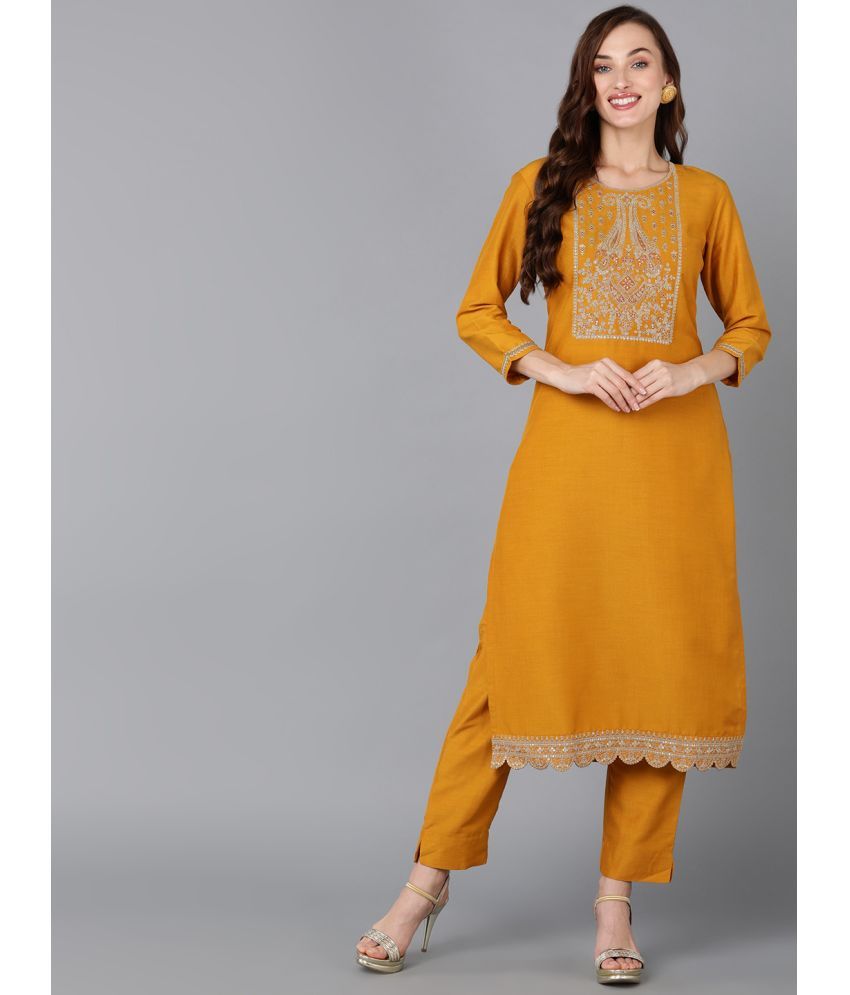     			Vaamsi Silk Blend Embroidered Straight Women's Kurti - Mustard ( Pack of 1 )