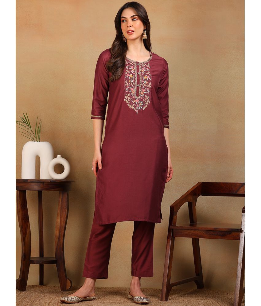     			Vaamsi Silk Blend Embroidered Straight Women's Kurti - Mauve ( Pack of 1 )