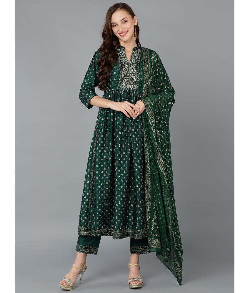     			Vaamsi Silk Blend Printed Kurti With Pants Women's Stitched Salwar Suit - Green ( Pack of 1 )