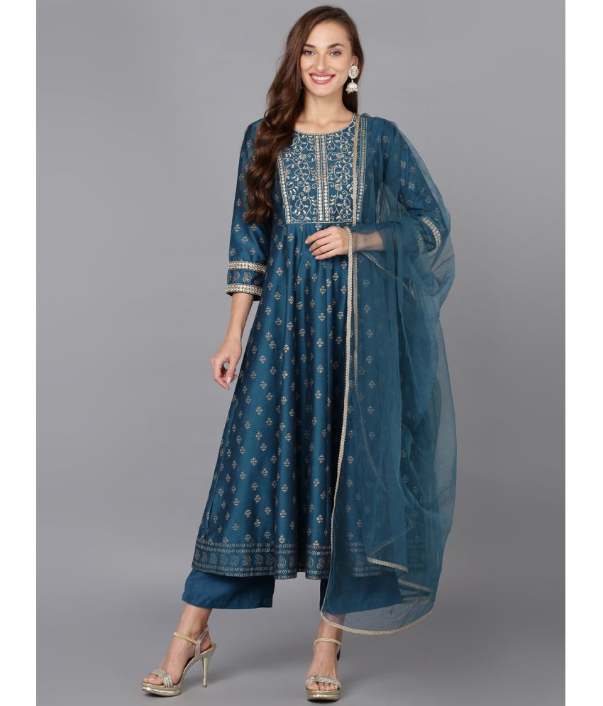     			Vaamsi Silk Blend Printed Kurti With Palazzo Women's Stitched Salwar Suit - Blue ( Pack of 1 )