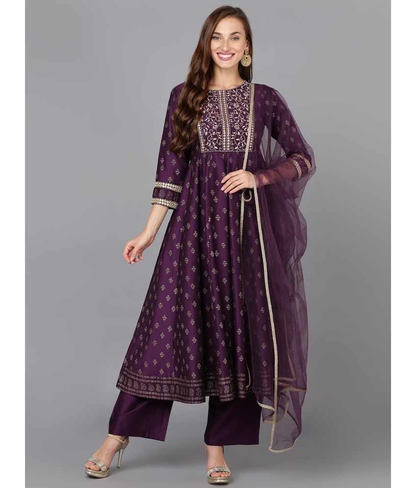     			Vaamsi Silk Blend Printed Kurti With Palazzo Women's Stitched Salwar Suit - Purple ( Pack of 1 )