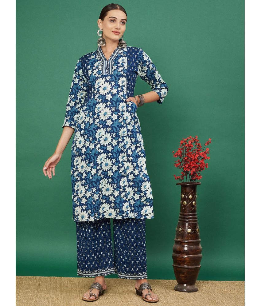     			Vbuyz Cotton Printed Kurti With Pants Women's Stitched Salwar Suit - Blue ( Pack of 1 )