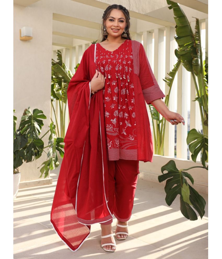     			Juniper Cotton Printed Kurti With Pants Women's Stitched Salwar Suit - Red ( Pack of 1 )