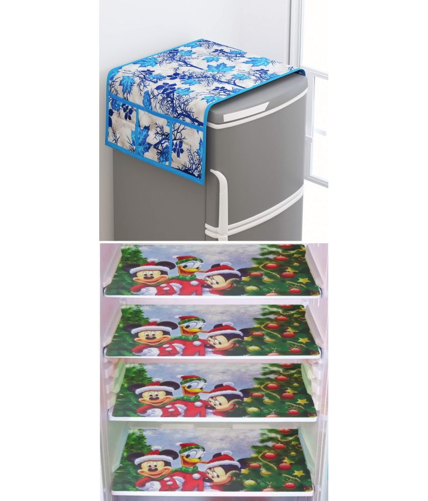     			Shaphio Polyester Floral Fridge Mat & Cover ( 99 58 ) Pack of 5 - Blue