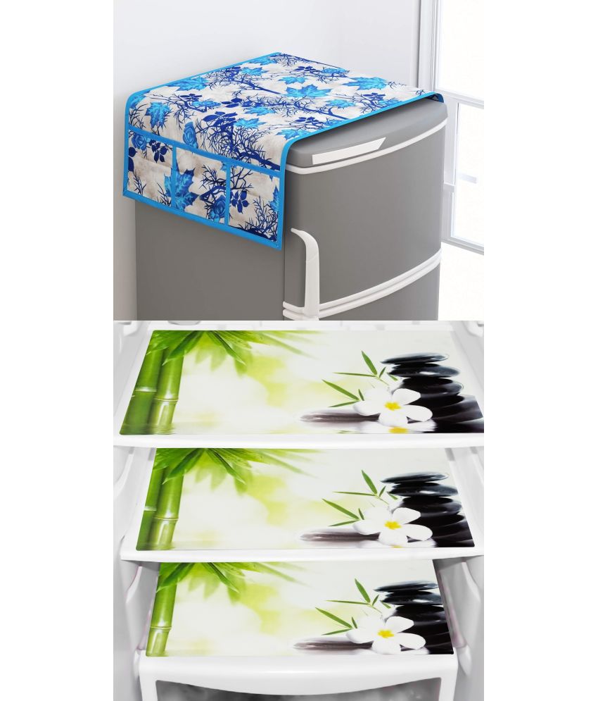     			Shaphio Polyester Floral Fridge Mat & Cover ( 99 58 ) Pack of 4 - Blue