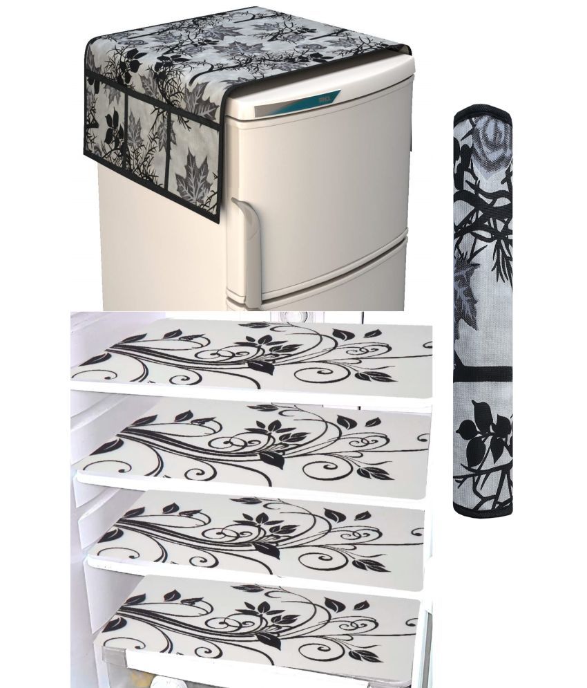     			Shaphio Polyester Floral Fridge Mat & Cover ( 99 58 ) Pack of 6 - Black