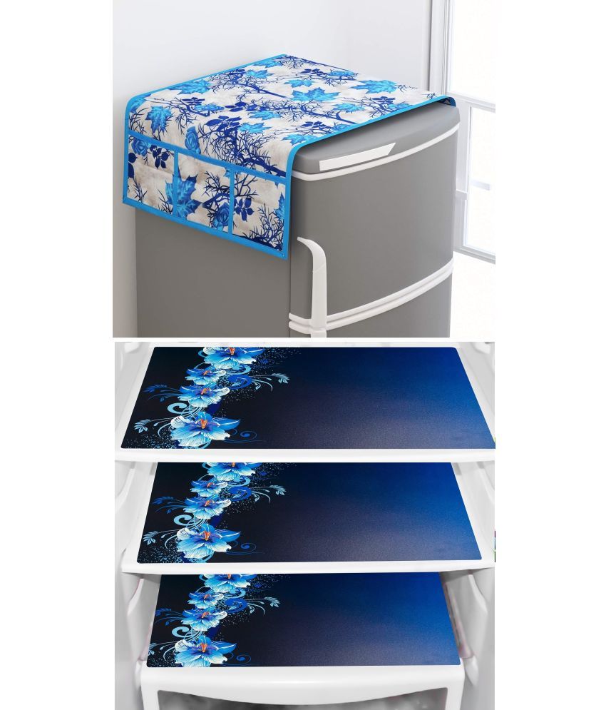     			Shaphio Polyester Floral Fridge Mat & Cover ( 99 58 ) Pack of 4 - Blue