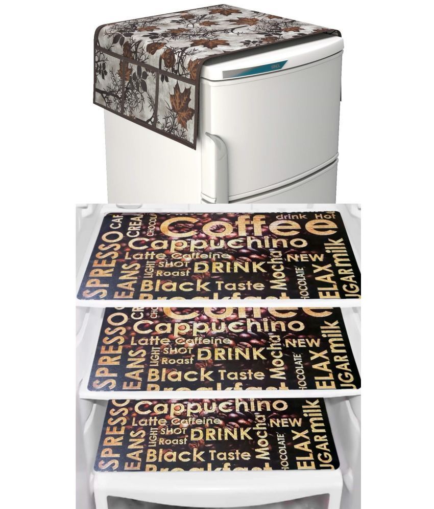     			Shaphio Polyester Floral Fridge Mat & Cover ( 99 58 ) Pack of 4 - Brown