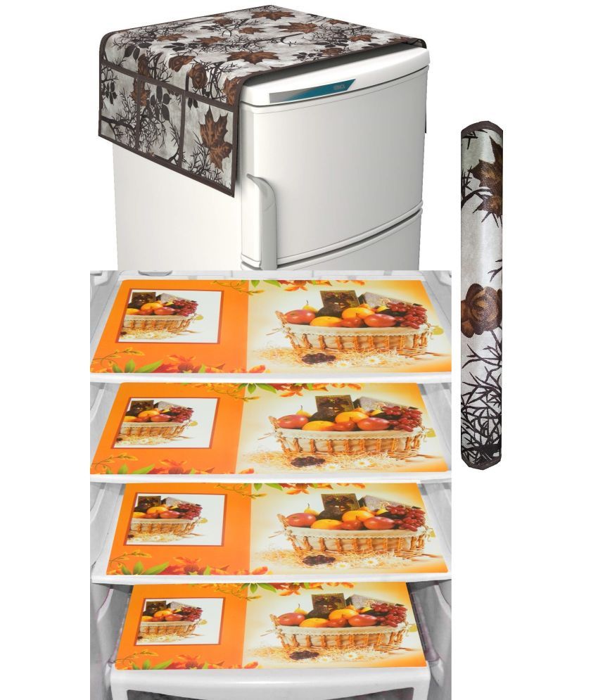     			Shaphio Polyester Floral Fridge Mat & Cover ( 99 58 ) Pack of 6 - Brown