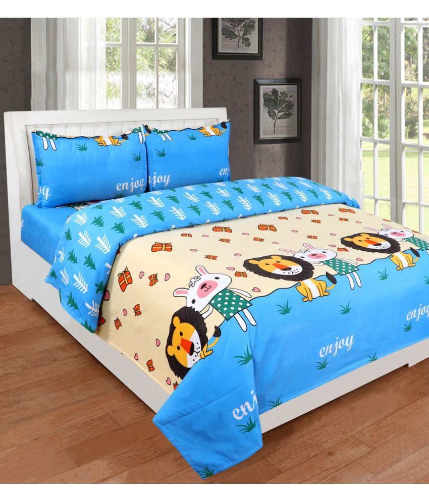     			VORDVIGO Glace Cotton Animal 1 Double Bedsheet with 2 Pillow Covers - Blue