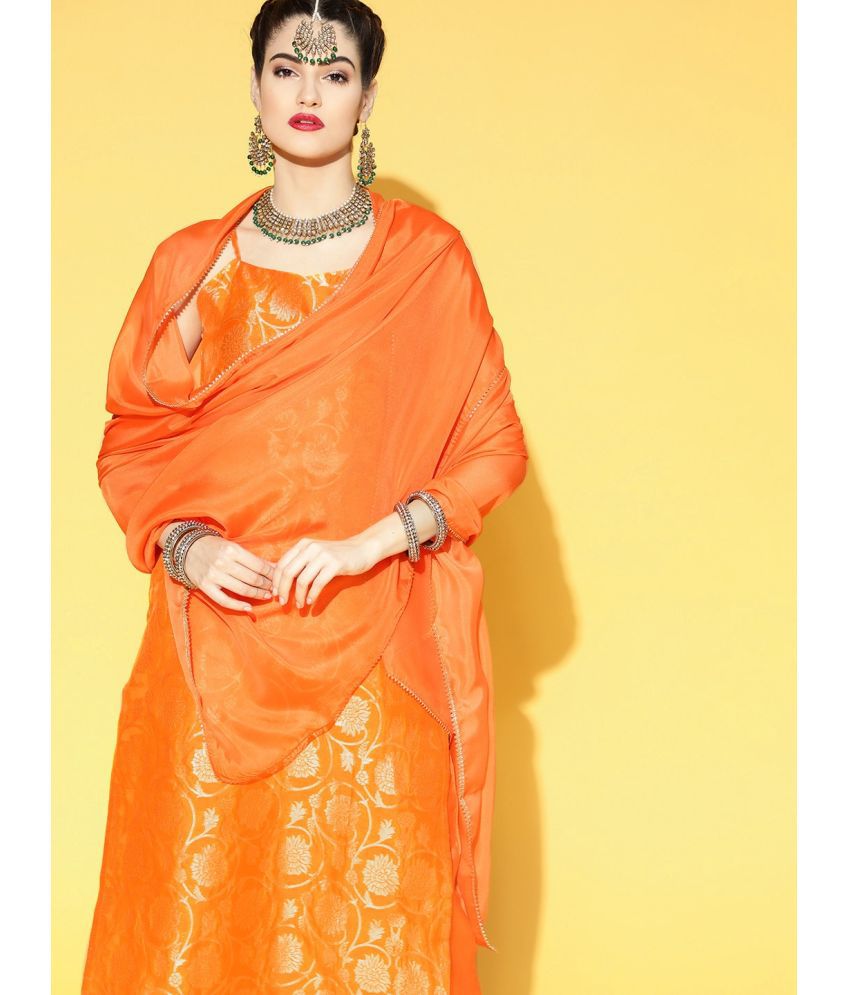     			Vaamsi Chanderi Self Design Kurti With Pants Women's Stitched Salwar Suit - Orange ( Pack of 1 )