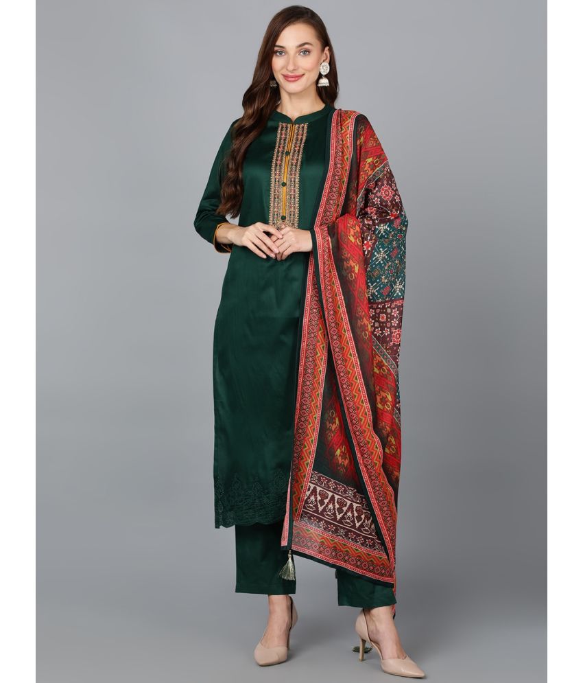     			Vaamsi Cotton Blend Embroidered Kurti With Pants Women's Stitched Salwar Suit - Green ( Pack of 1 )