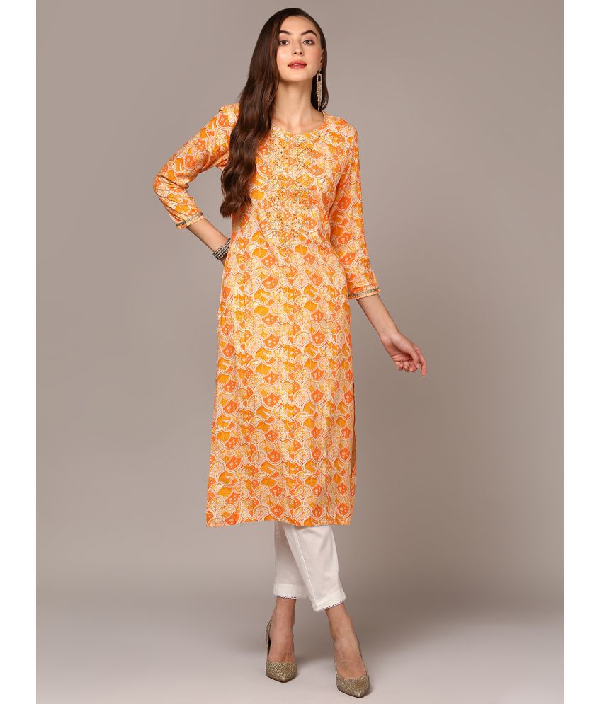     			Vaamsi Cotton Blend Embroidered Straight Women's Kurti - Orange ( Pack of 1 )