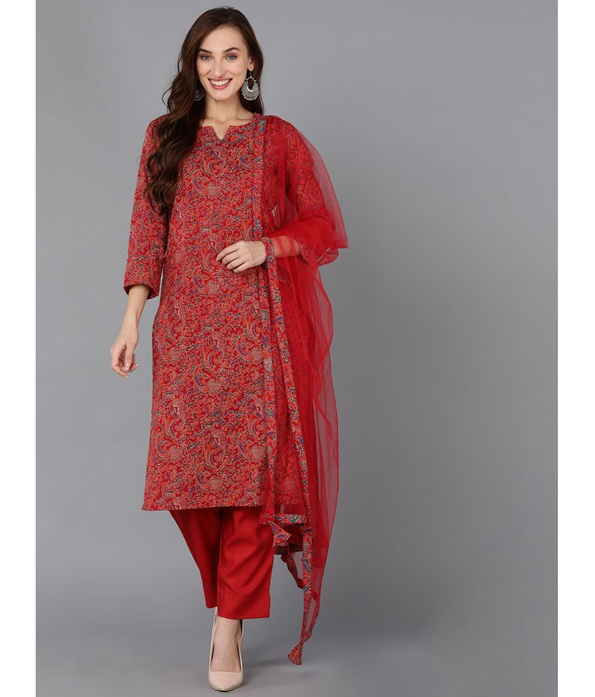     			Vaamsi Cotton Blend Printed Kurti With Pants Women's Stitched Salwar Suit - Red ( Pack of 1 )