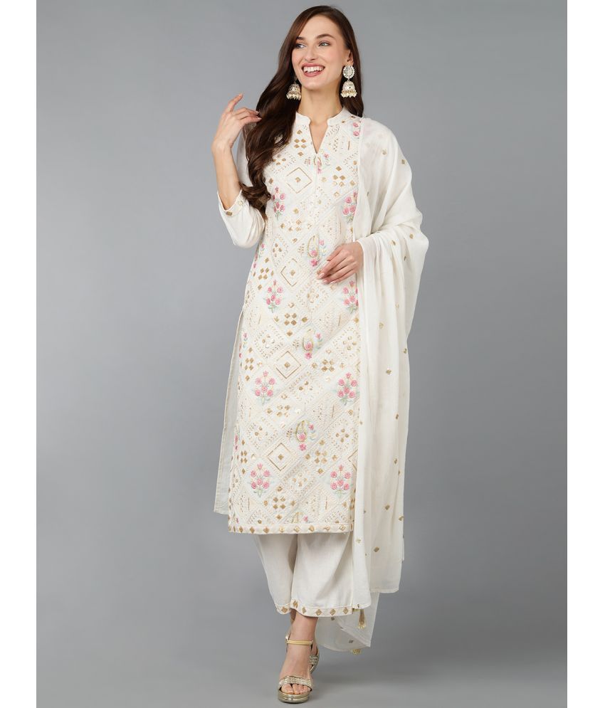     			Vaamsi Cotton Embroidered Kurti With Pants Women's Stitched Salwar Suit - White ( Pack of 1 )