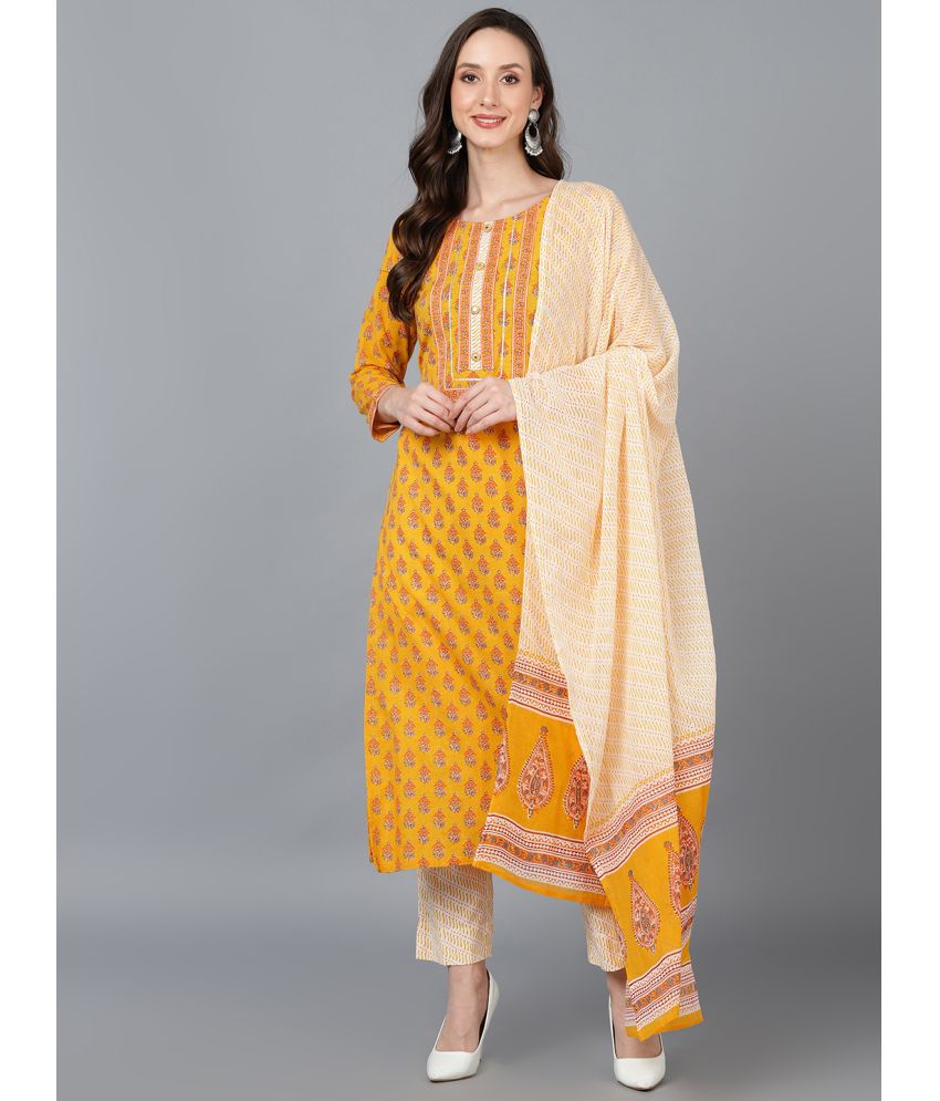     			Vaamsi Cotton Printed Kurti With Pants Women's Stitched Salwar Suit - Mustard ( Pack of 1 )