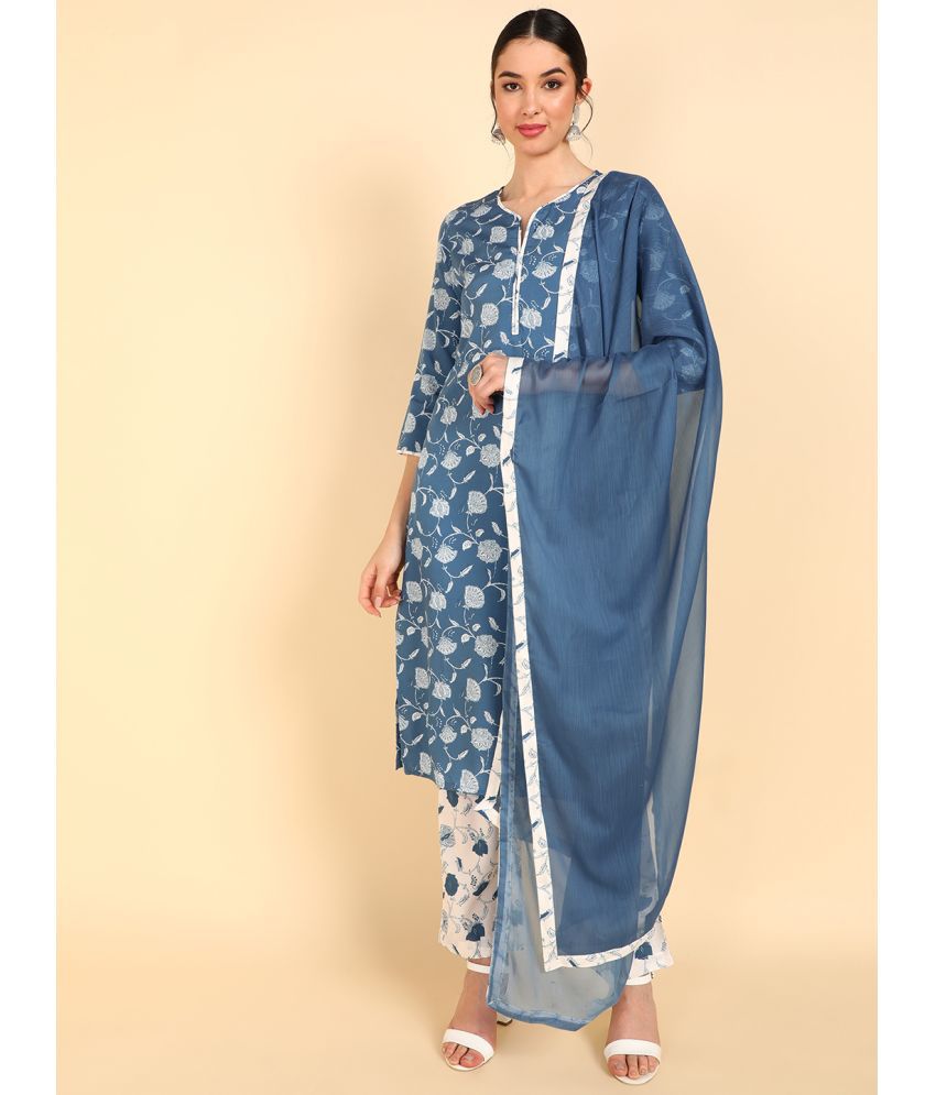     			Vaamsi Polyester Printed Kurti With Pants Women's Stitched Salwar Suit - Blue ( Pack of 1 )