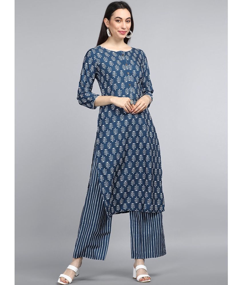     			Vaamsi Polyester Printed Kurti With Palazzo Women's Stitched Salwar Suit - Navy Blue ( Pack of 1 )