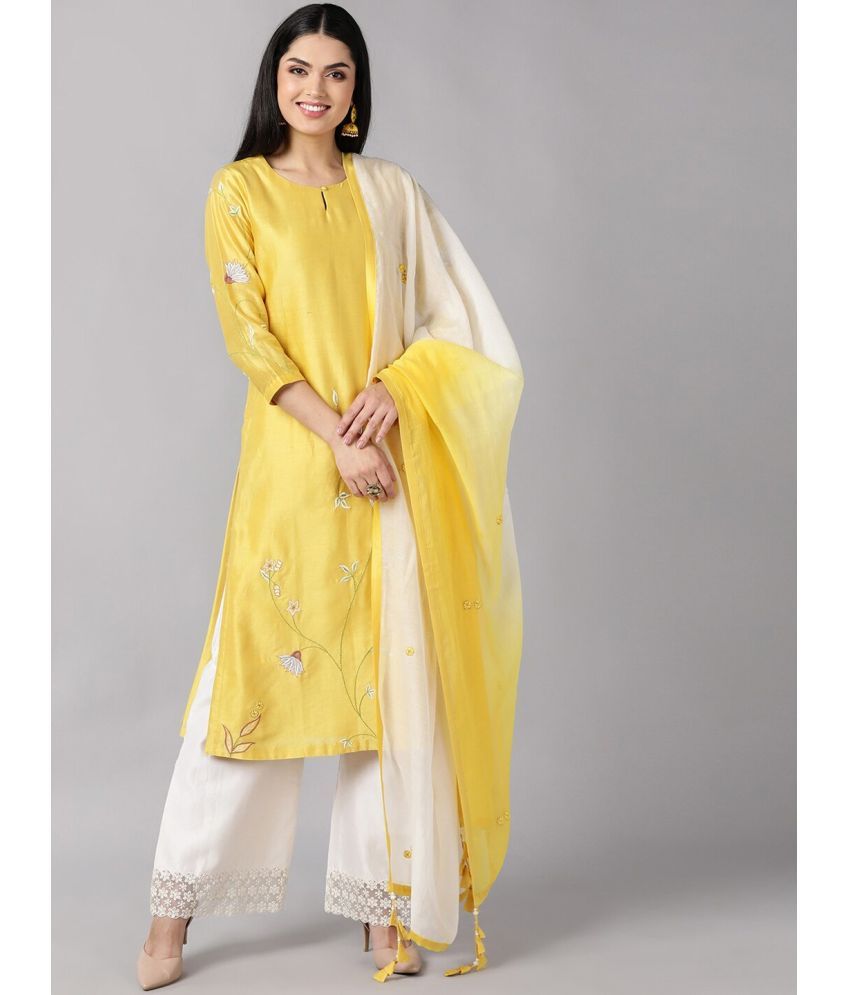     			Vaamsi Silk Blend Embroidered Kurti With Palazzo Women's Stitched Salwar Suit - Yellow ( Pack of 1 )