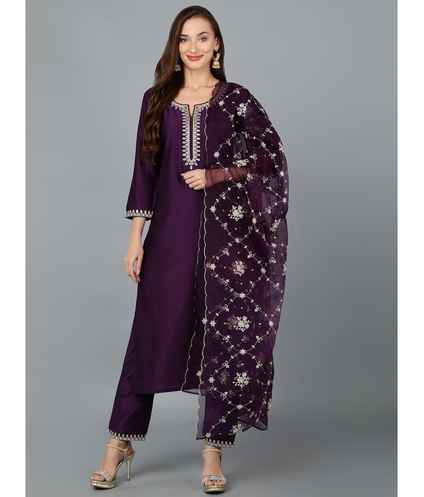     			Vaamsi Silk Blend Embroidered Kurti With Pants Women's Stitched Salwar Suit - Purple ( Pack of 1 )