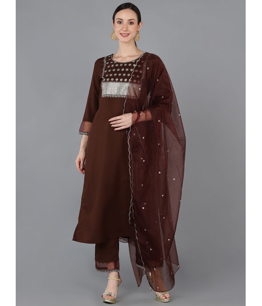    			Vaamsi Silk Blend Embroidered Kurti With Pants Women's Stitched Salwar Suit - Brown ( Pack of 1 )